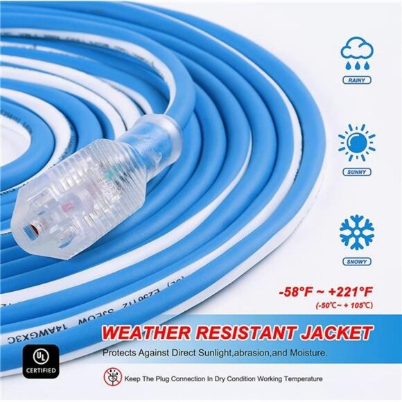 Outdoor 14/3 Extension Cord 14AWG 100FT 13Amp 1625Watts, (100ft/30.48m) - Picture 5 of 7